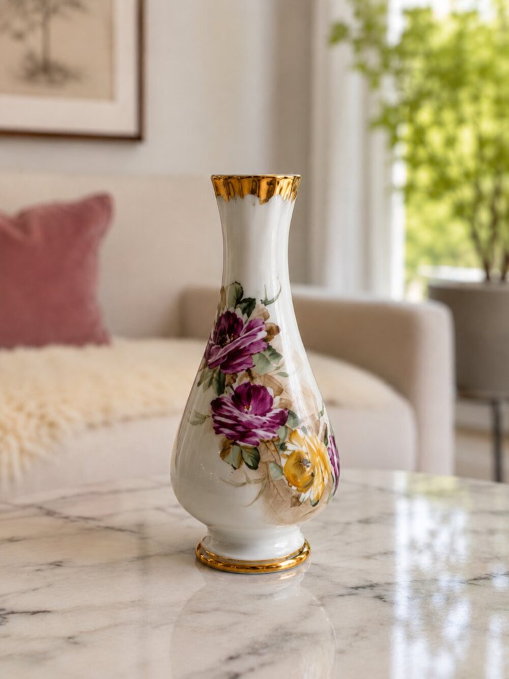 Hand-Painted Porcelanas Portugal Bud Vase – Gold Trim – 5.5" Floral Vase